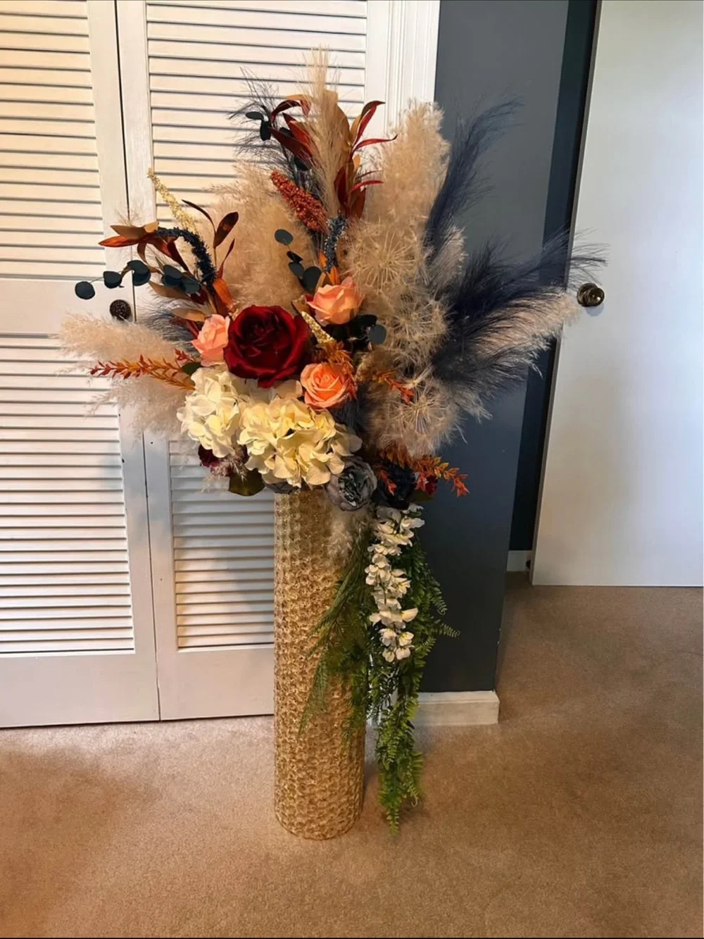 Neutral and Burgundy Faux Floral Floor Arrangement with Vases - Home Accents